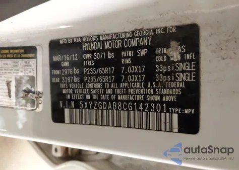 2012 Hyundai Santa Fe Gls из США, поврежденный, VIN 5XYZGDAB8CG142301